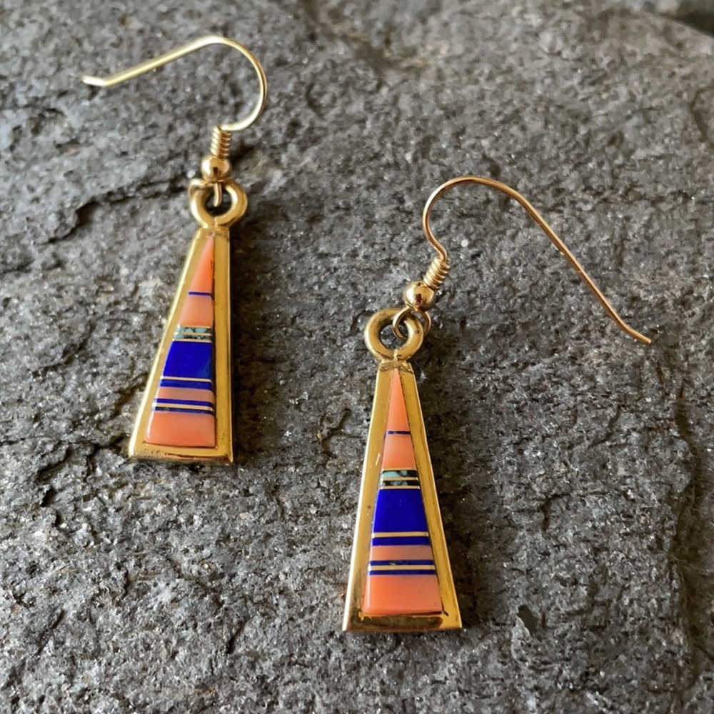 18K GOLD Zuni Native American Vintage Multi-stone Dangle Earrings - Picture 6 of 14
